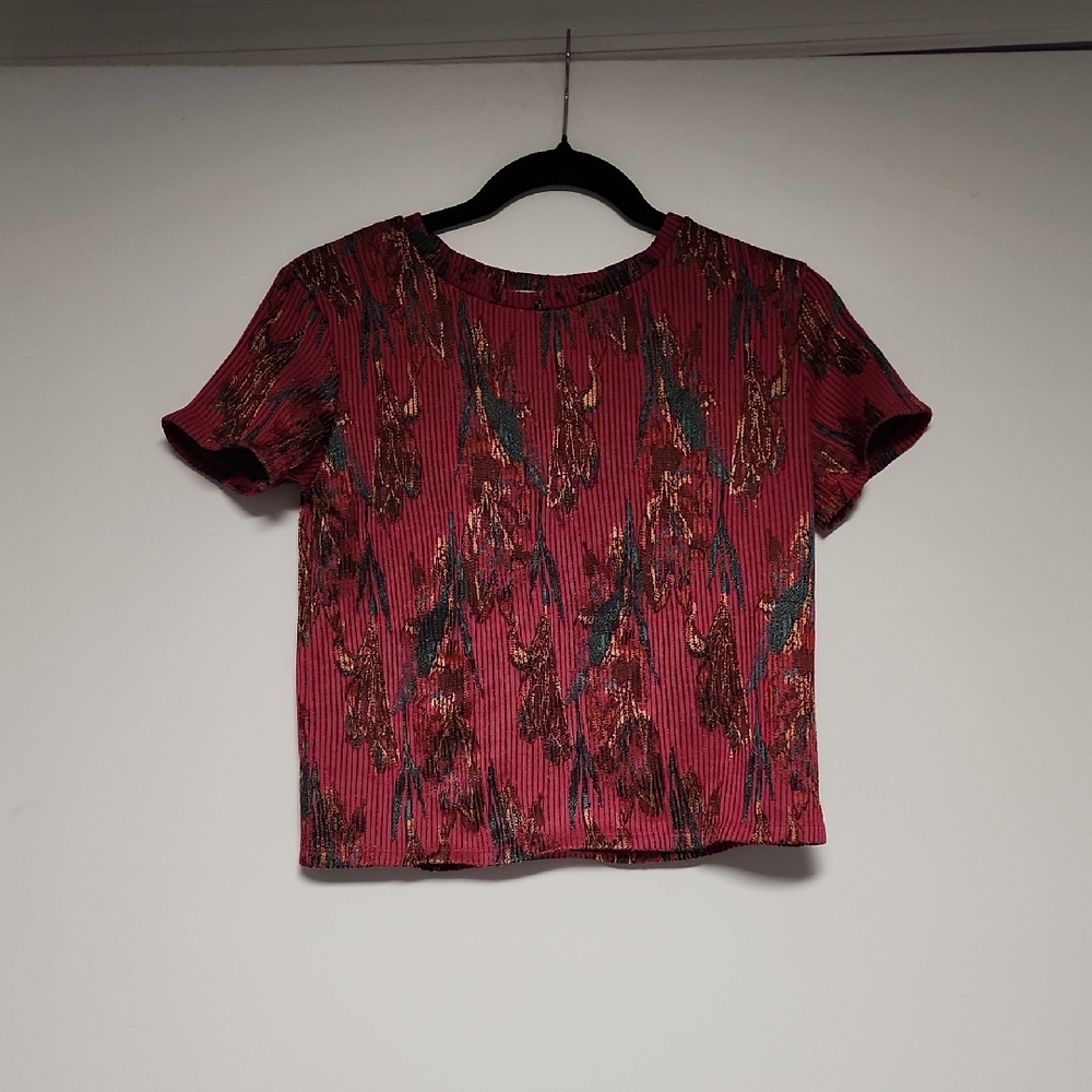 Zara Pink Ribbed Cropped Short Sleeve Top With Colorful Designs Size S